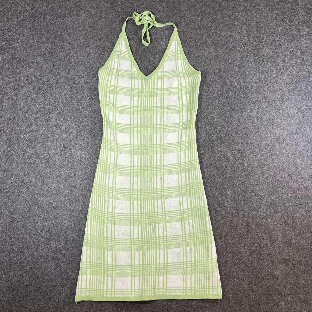 SHEIN Green White Plaid Knit Halter Mini‎ Dress Small V-Neck Bodycon Summer